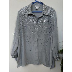 Vintage New Diane Gilman100%Silk Gray Artsy Sequin Blouse Shirt Top Size 3X